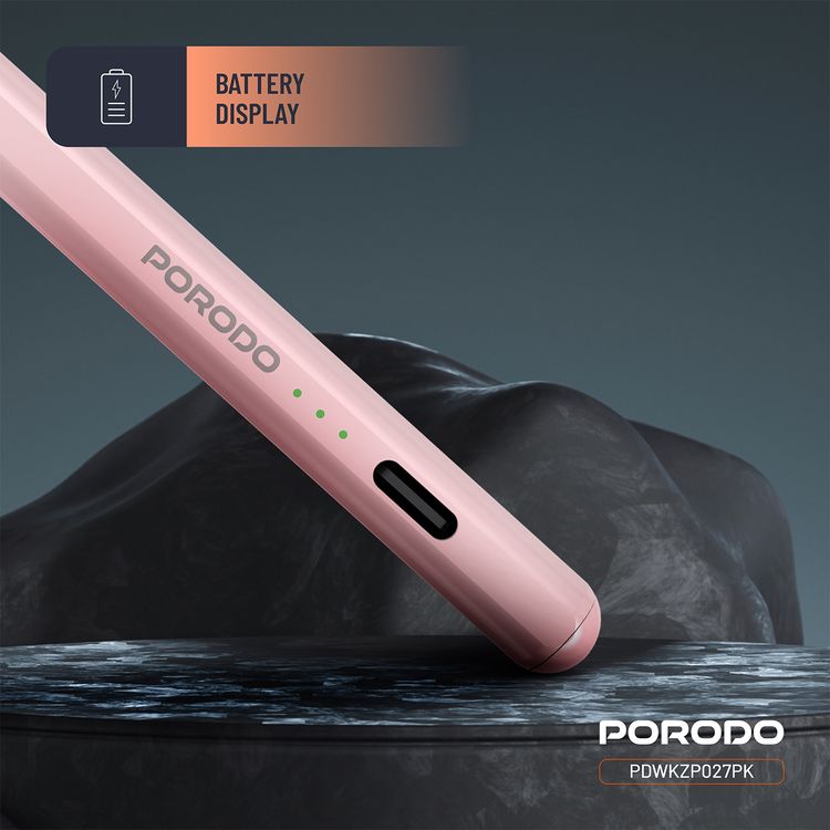 قلم Porodo مغناطيسي لأجهزة iPad، مقاس ريشة 1.2 مم، وقت عمل مستمر يصل إلى 9 ساعات، مصنوع من سبيكة الألومنيوم، منفذ شحن USB-C، بطارية 130 مللي أمبير في الساعة، متوافق مع موديلات iPad من 2018 إلى 2024، بدون تأخير، شحن سريع - وردي