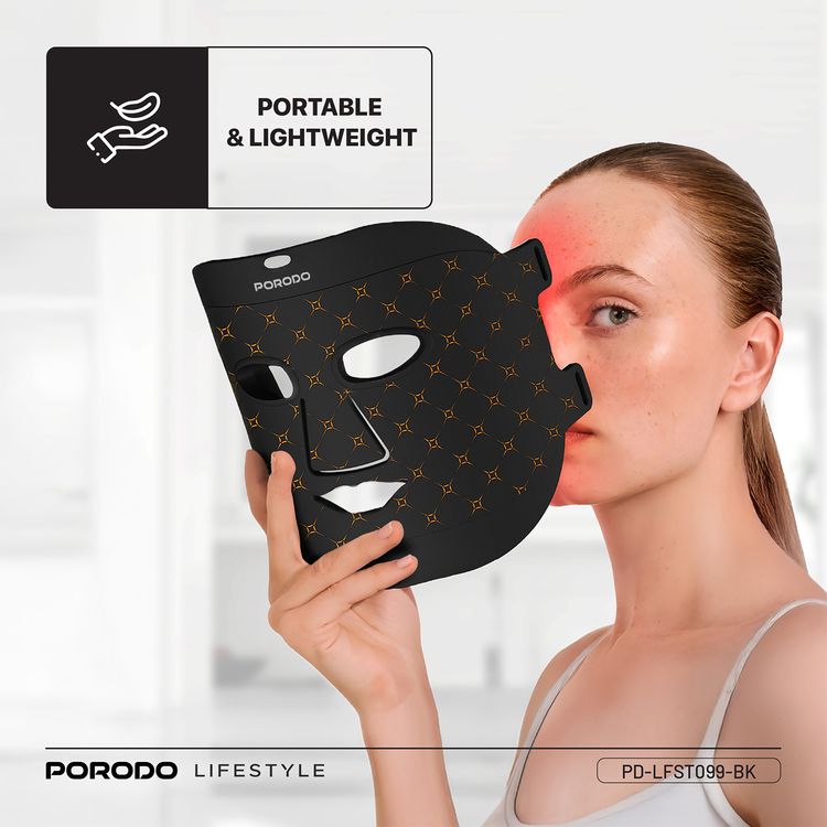 Porodo Lifestyle Red Light Therapy Face Mask with Portable Battery Connection, Type-C Charging Cable, 1000mAh Battery Capacity, 7-Color Light Therapy - Black