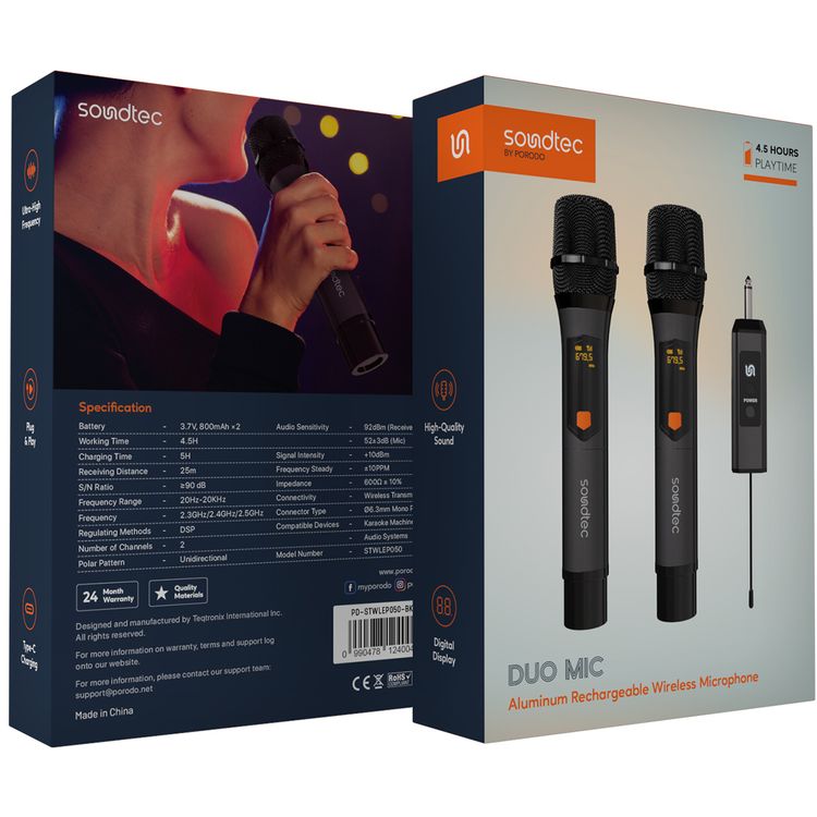 Porodo Soundtec Duo Aluminum Rechargeable Wireless Microphone with Digital Display, High-Quality Sound, 2 Channels, Unidirectional Polar Pattern, DSP Regulating Methods, 25 Meters Receiving Distance - Black