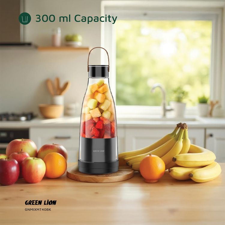 Green Lion Mix Mate Portable Juicer with 300mL Capacity, 1500mAh Battery Capacity, BPA Free PET Jar Material, Stainless Steel Blade Material, Type-C Charging Port, 3-4 Hours Charging Time - Black