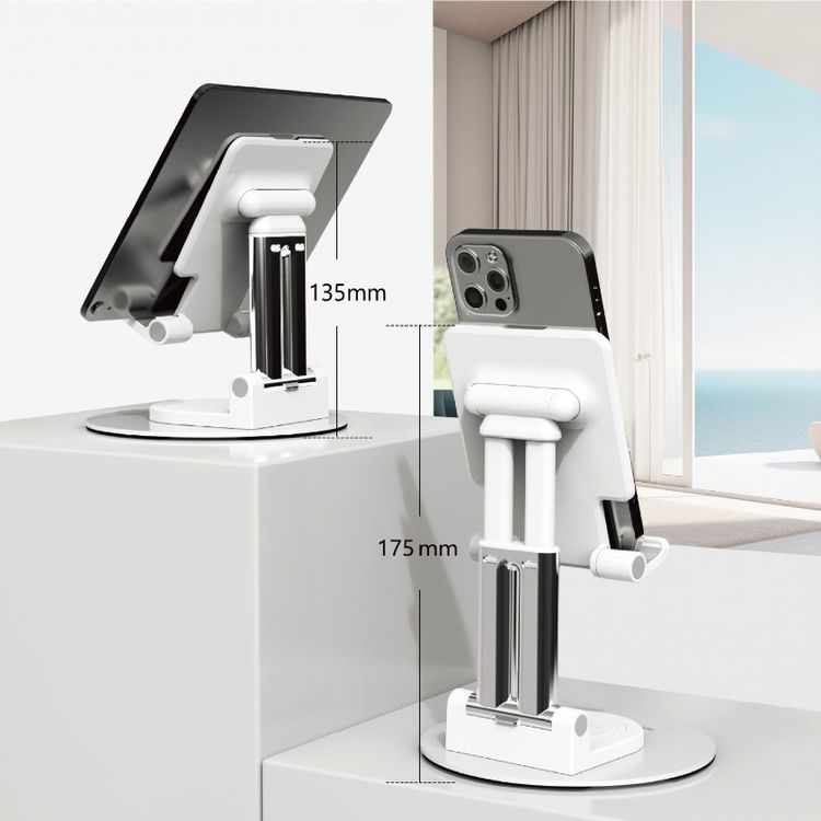 Porodo Foldable Phone & Tablet Desk Stand with Adjustable Telescopic Rod, Compatible with 4-11"Devices, Dual-Axis Stability, ABS & Silicone Material, 360° Flexible Rotation, Horizontal & Vertical Viewing - White