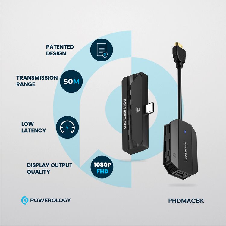 Powerology Wireless HDMI Type-C Adapter for Audio & Video with 50m Transmission Range, 1080P Resolution, Low Latency, Plug and Play - Black