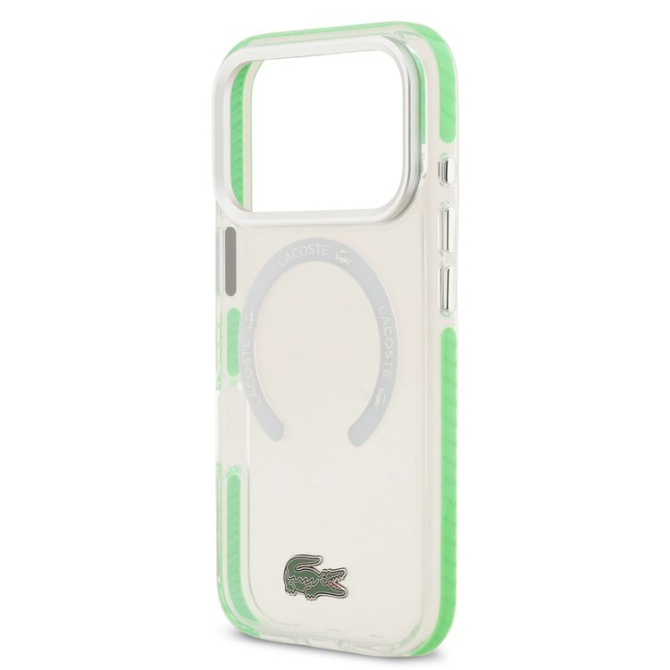 غطاء Lacoste MagSafe مصنوع من TPU و PC شفاف مع لمسة نهائية متجمدة لأيفون 17 برو ماكس، حماية من السقوط، تصميم نحيف، تغليف مستدام، تصميم سهل التركيب - باللون الأخضر