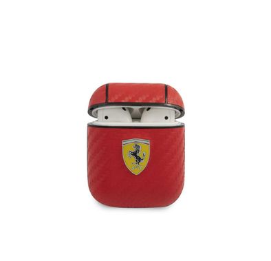 CG Mobile Ferrari PC PU Carbon Yellow Shield Metal Logo Case متوافق مع Airpods 1/2 - أحمر