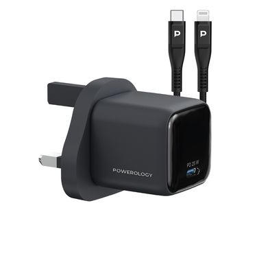 Powerology Volt-X 25W Mini Gan Wall Charger with USB-C to Lightning Cable, Universal Protocol Support, Fast Charging Speed, Wide Compatibility, Compact Travel Size - Black