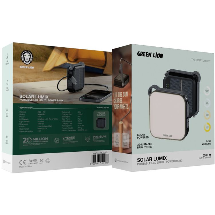 ضوء LED محمول من جرين ليون سولار لوميكس مع باور بانك مدمج، بقدرة 10 واط، و4 أوضاع إضاءة، وعمل يصل إلى 24 ساعة، وسطوع يصل إلى 1000 لومن، وبطارية بسعة 4000 مللي أمبير، ومدخل طاقة شمسية 1 واط - رمادي.
