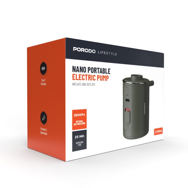Porodo Lifestyle Camping Inflate and Deflate Air Pump, Type-C Charging Port, Portable & Lightweight, 800mAh Battery, 25 Minutes Working Time, 2 Hours Recharge Time - Green