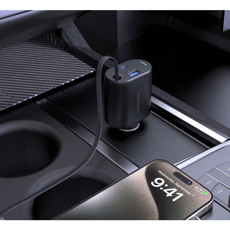 Powerology Retractable Car Charger with Simultaneous Charging, Built-In Safeguards, Patented Design, 1m Cable Length - Black 