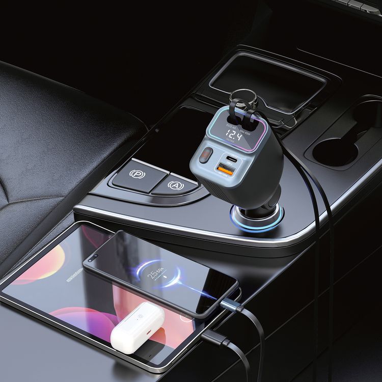 Porodo 65W Car Charger with Dual Retractable Cables, Real-Time Voltage Display, Type-C & Lightning Cable Types, USB-A & USB-C Ports, Universal  Compatibility - Black