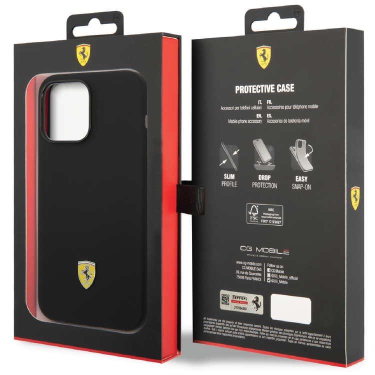 Ferrari Liquid Silicone Case with Black Camera Outline & Metal Logo iPhone 14 Pro Max Compatibility - Black