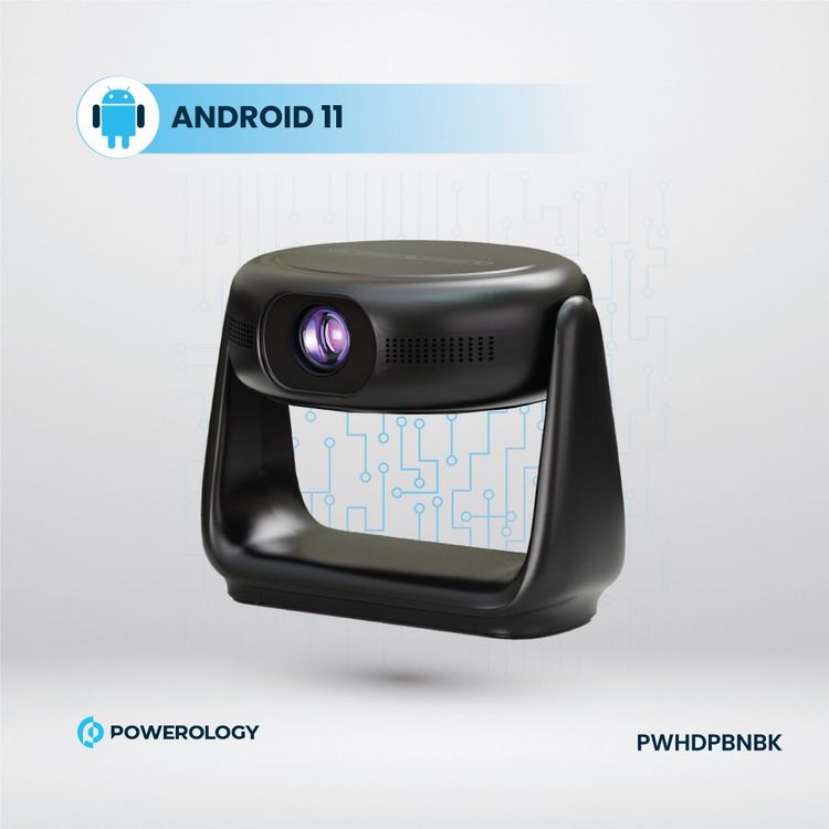 Powerology Rotating Stand Portable Projector, Auto Keystone & Focus, Built-in Lamp, Android 11.0, Bluetooth 5.0, Airplay & Miracast, 5200mAh Battery Capacity, 1GB DDR3 RAM - Black