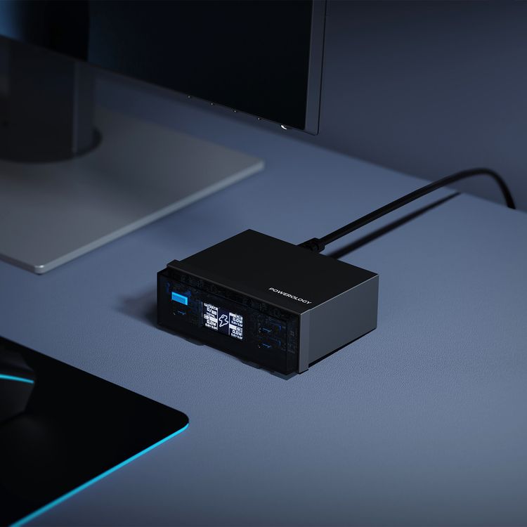 Powerology Power Hub Desktop Charging Station with ×3 USB-C & ×1 USB-A Ports, PD 65W, QC 3.0, Universal Compatibility, Digital Display - Black