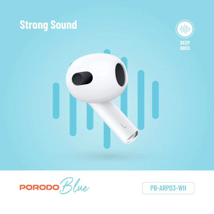 Porodo Blue Deep Bass Wireless Earbuds 3, 20 Hours Working Time, Type-C Charging Port, Environmental Noise Cancellation, Independent Earbuds, Touch Control - White