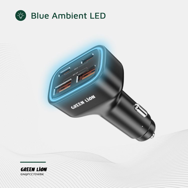 Green Lion Quad Port Car Charger with PD 35W, QC 3.0 35W, 2× USB-A & 2× USB-C Ports, PC Material, Compact Design, Charging Protection, Fast Charge Support - Black