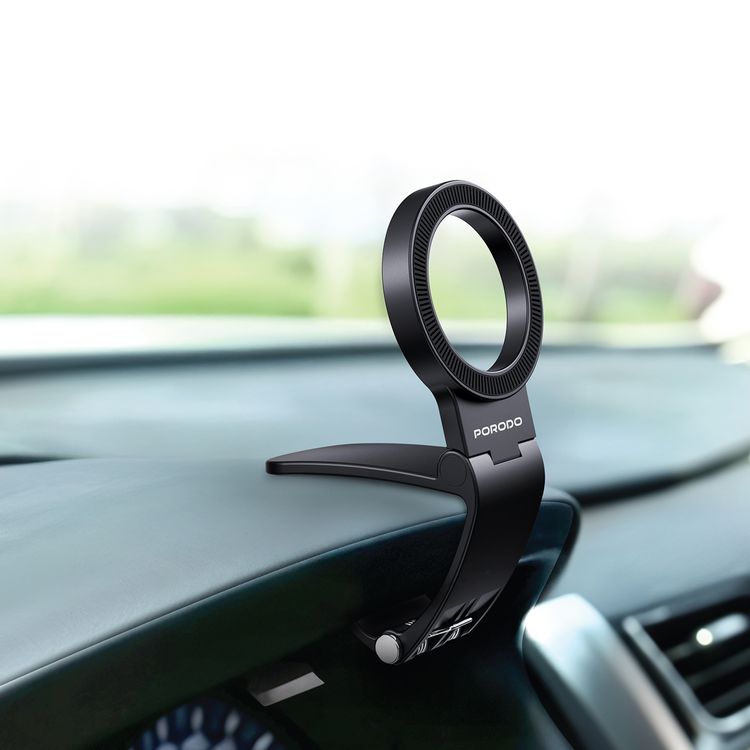 Porodo Dash Mount MagSafe Phone Holder with 20x N52 Magnets, ABS Material, Strong Magnetic Hold, Sturdy Clip Mount, Adjustable Viewing Angle - Black