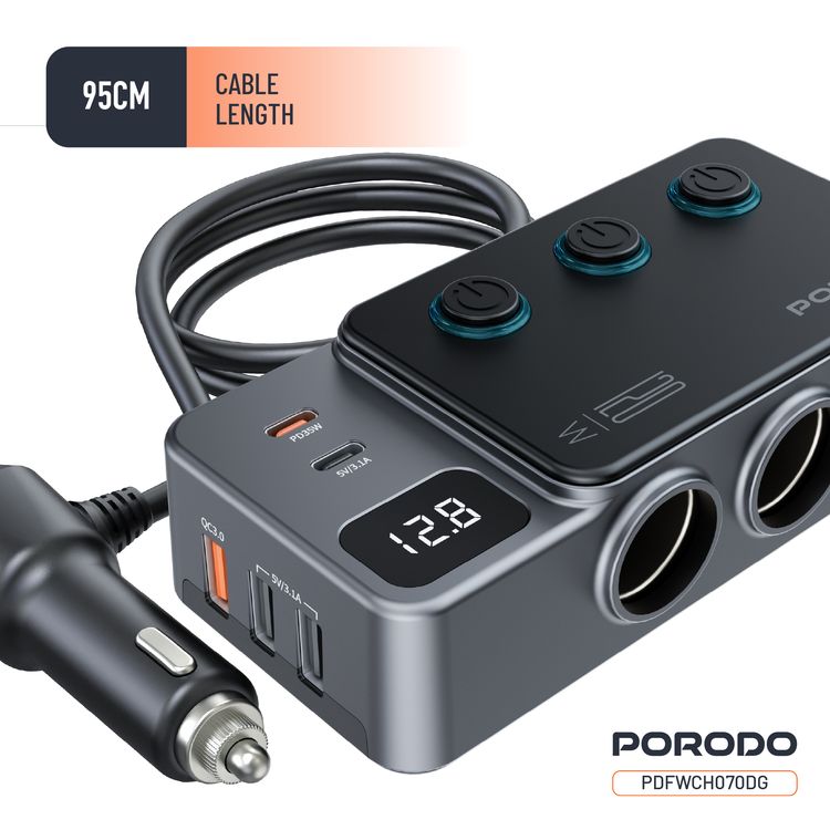 Porodo 120W Car Charger Hub with Triple-Port Lighter Sockets, 3 USB-A & 2 USB-C Ports, 35W PD, 65W QC, 95cm Cable, Real-Time Voltage Display, Independent Power Switch - Dark Gray