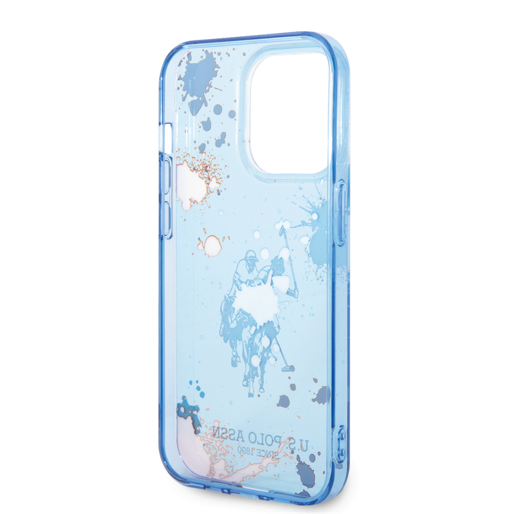 USPA PC/TPU Case with Splatter Pattern & Horse Logo iPhone 14 Pro Compatibility - Blue