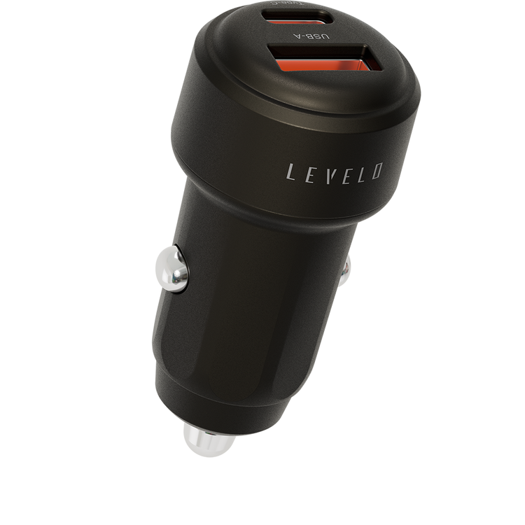 Levelo Nori Mini 60W Car Charger with  USB-C to USB-C Cable, USB-C & USB-A Ports, Fast Charging, 60W Power Delivery, 12-24V Input Power, Durable Material - Gun Gray
