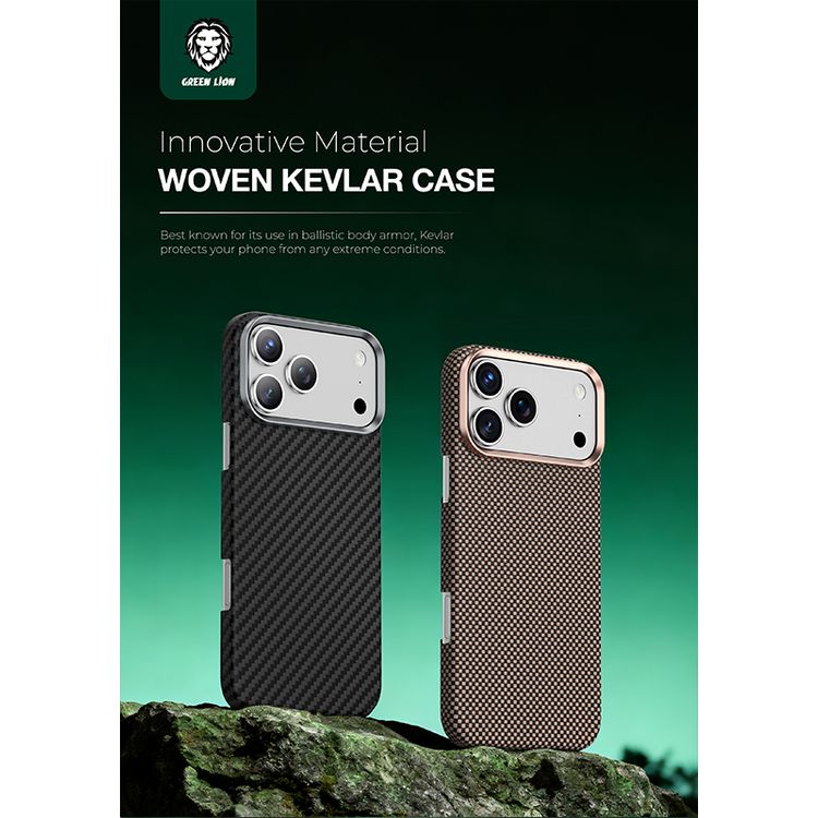 Green Lion Magsafe Kevlar Case for iPhone 17 Pro, Comfortable Grip, Aluminum Alloy Guard, Drop Protection, Lightweight Design, Ultra-Slim - Black / Gold