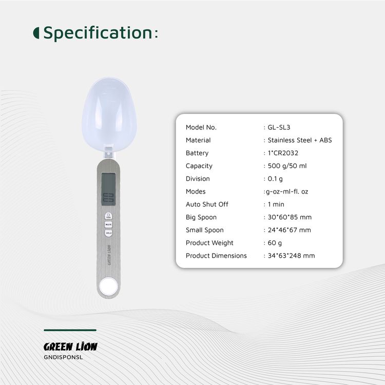 Green Lion Digital Spoon Scale with Digital Display, Tare Function, Overload Indicator, Low Battery Indicator, Extra Spoon Included, Stainless Steel + ABS Material - Silver 