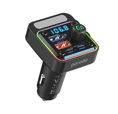 Porodo 3-in-1 FM Car Charger with 36W Power Delivery, 10m Bluetooth Range, Built-in Microphone, Multi-Port Charging, Up to 32 GB USB Flash Drive - Black