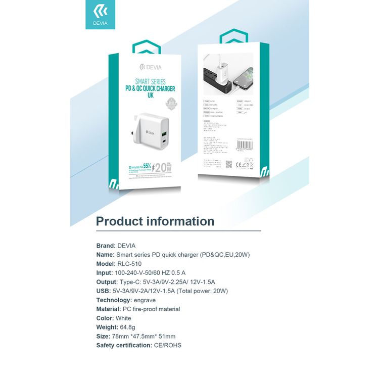 Devia Smart Series PD & QC Quick Charger UK 20W with Type-C to Lightning Cable 1M + USB to Type-C Cable 1M - White