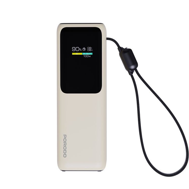 Porodo 20000mAh Power Bank with Smart TFT Display, USB-C & USB-A Ports, Built-in Safeguards, 100W Power Delivery, Fast Charge, 15W Total Output, Built-in USB-C Cable - Beige