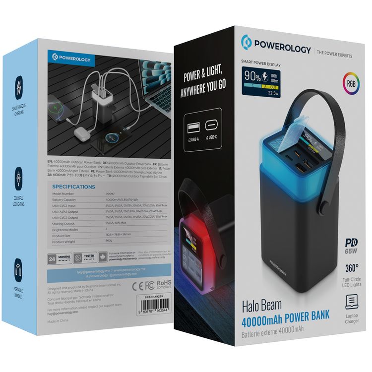 Powerology Halo Beam 40000mAh Power Bank with PD 65W, Portable Handle, Simultaneous Charging, Colorful LED Lighting, Smart Power Display, Laptop Charging - Black