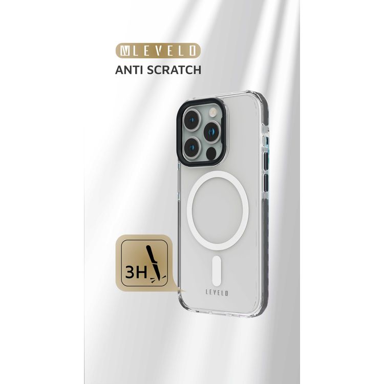 جراب شفاف من Levelo FlexiGuard MagSafe لهاتف iPhone 15 Pro Max، غطاء خلفي شفاف عالي الشفافية، حواف مقاومة للصدمات، مضاد للخدش 3H، متوافق مع MagSafe، حماية من الصدمات، حلقة كاميرا معدنية مرفوعة - أسود