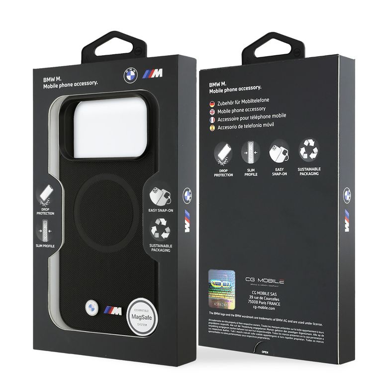 جراب جلد كامل ملفوف من BMW بتقنية MagSafe مع شعارات معدنية لهاتف iPhone 17 Pro Max، تغليف مستدام، تصميم سهل التركيب، نحيف، حماية من السقوط - أسود