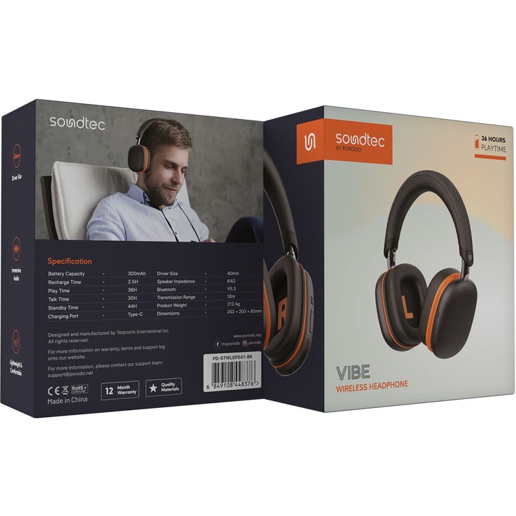Porodo Soundtec Vibe Wireless Headphones with 36 Hours Play Time, Bluetooth Version 5.3, 2.5 Hours Charging Time, Type-C Charging Port - Black