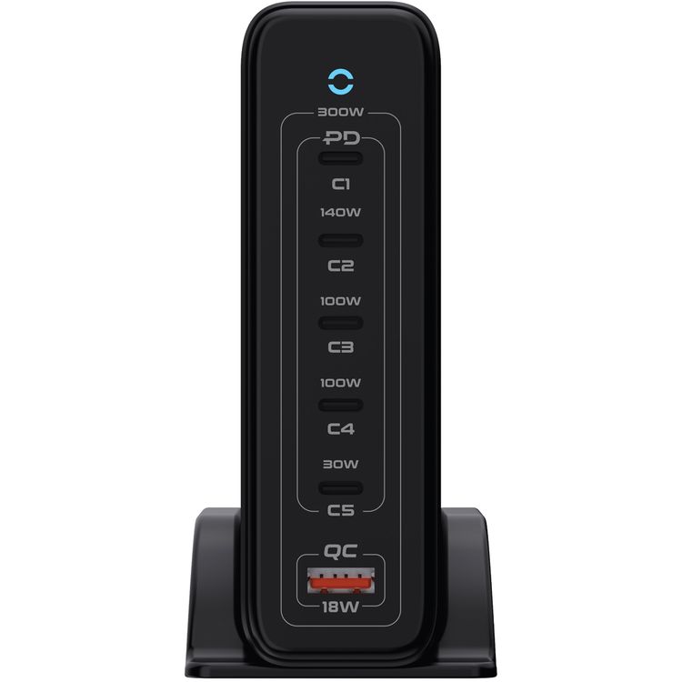 Powerology Volt-X Smart Desktop GaN Charger with PD 140 W, QC 18W, Laptop Charger, UK 3-Pin Plug, 300W Total Output, ×1 USB-A & ×5 USB-C Ports, Multiple Device Charging, Safe & Efficient Charging - Black