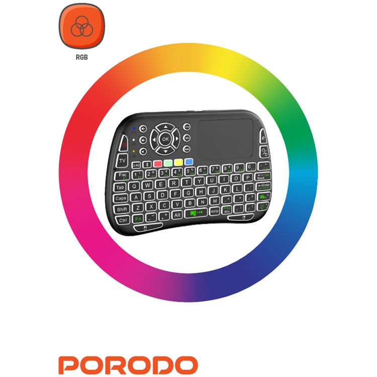 Porodo Gaming Remote Keyboard & Mouse with Programmable Buttons, Gesture Recognition, 10m Operational Range, 84 Keys, 5.2 Bluetooth, 300mAh Battery - Black