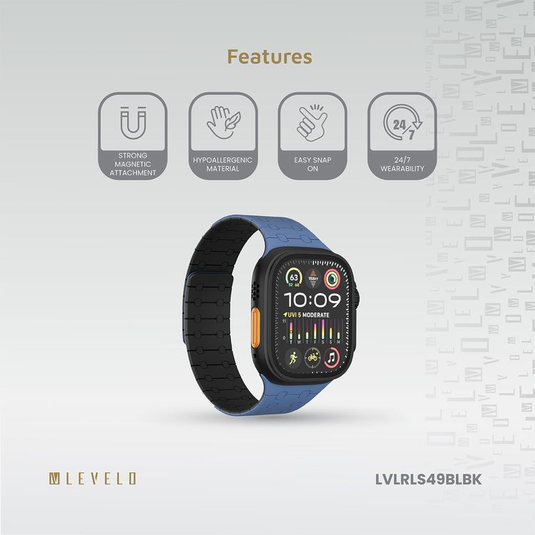 حزام ساعة سيليكون Levelo Royallink ثنائي اللون لساعة Apple Watch بحجم 49/46 مم، مصنوع من مواد مضادة للحساسية، يحتوي على 32 مغناطيس مدمج، مقاوم للماء والعرق، يتميز بقوة التثبيت المغناطيسي، سهل التركيب - أزرق / أسود.