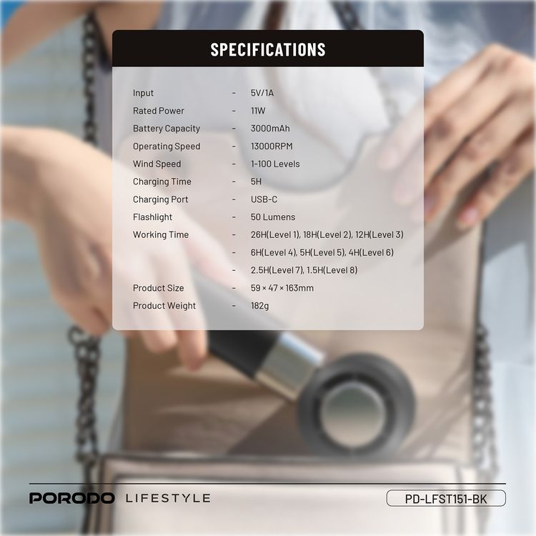 Porodo Lifestyle Handheld Turbo Fan with 100-Level Wind Speed Adjustment, Up to 4 Hours of Working Time, 13000RPM Operating Speed, Integrated Flashlight, 90° Folding Design - Black