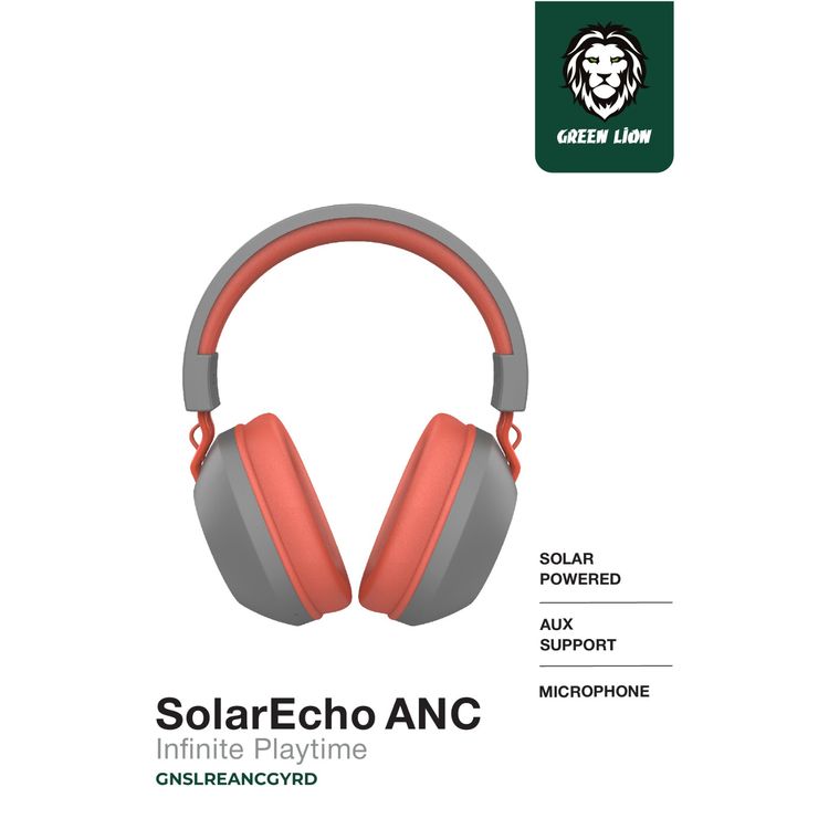 سماعات الرأس فوق الأذن جرين ليون سولار إيكو ANC، مدة التحدث تصل إلى 30 ساعة، مسافة عمل 10 متر، حجم مكبر الصوت 40 ملم، متوفر ميكروفون، دعم AUX - رمادي / أحمر.
