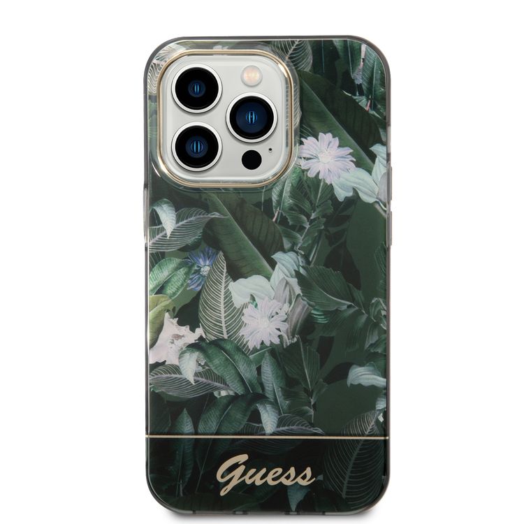 Guess PC/TPU IML Case with Double Layer Electroplated Camera Outline & Jungle Design iPhone 14 Pro Compatibility - Green