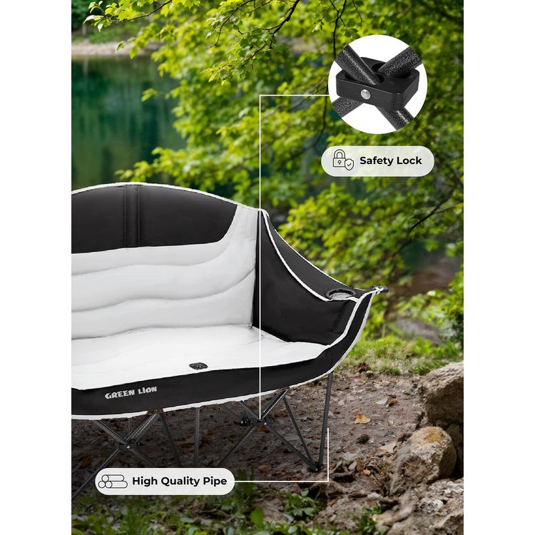 Green Lion Double Camping Chair, 600D Oxford Fabric + Steel Pipe Material, Camping Friendly, Safety Lock, Foldable Design, Easy Setup, Juice Glass Holders  - Gray / Black