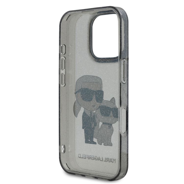 جراب Karl Lagerfeld IML اللامع الصلب مع شعار Karl &amp; Choupette NFT لهاتف iPhone 16 Pro Max، ممتص للصدمات والسقوط، فتحات دقيقة، قبضة مريحة، سهل التركيب - أسود