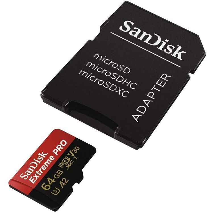 SanDisk 64GB Extreme Pro microSDXC Memory Card Plus SD Adapter up to 100 MB/s, Class 10, U3, V30, A1 - SDSQXCG-064G-GN6MA
