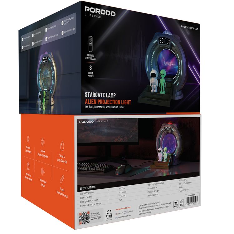 Porodo Lifestyle Stargate Lamp with Alien Projection Light, 8 Light Modes, Remote Control, Built-in Bluetooth Speaker, Timer & Auto Shut-Off, White Noise Options, Type-C Charging - Gray