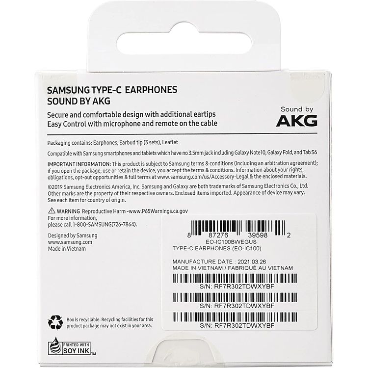 Samsung Stereo Type-C Earphones Sound By AKG with Microphone, Wired Headset, Two-Way Speaker, ‎Tangle-Free Cord, 3 Button Media Control, Universal Compatibility, Lightweight, Fabric - White