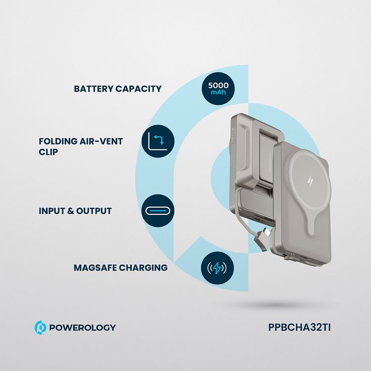 Powerology Car Mount 5000mAh Power Bank with Magnetic Wireless Charger, MagSafe Charging, PD 20W Fast Charge, Folding Air-Vent Clip, LED Indicator, Built-In Type-C Cable, Lightweight & Portable - Titanium