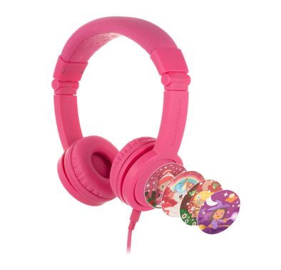 سماعات رأس سلكية للأطفال من BuddyPhones Explore+ مع كابل صوت قابل للفصل، وعصابة رأس قابلة للطي ومبطنة، و4 ملصقات زخرفية، وعمر بطارية يصل إلى 8 ساعات - روز  وردي