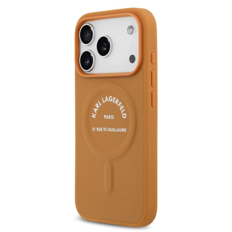 Karl Lagerfeld MagSafe PU Case with Karl RSG Logo Buttons for iPhone 17 Pro, Slim Profile, Easy Snap-On, Sustainable Packaging, Comfortable Grip, Drop Protection, Lightweight Design - Brown