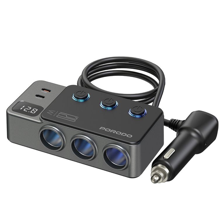 Porodo 120W Car Charger Hub with Triple-Port Lighter Sockets, 3 USB-A & 2 USB-C Ports, 35W PD, 65W QC, 95cm Cable, Real-Time Voltage Display, Independent Power Switch - Dark Gray