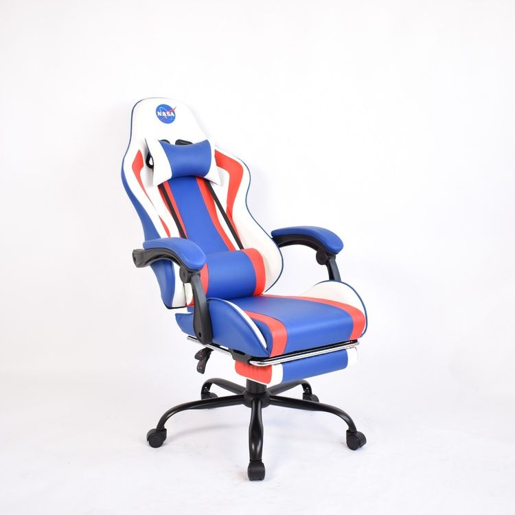 NASA Discovery Gaming Chair, Faux Leather, Height Adjustable, High Density Foam, Recline Mechanism - White/Blue/Red