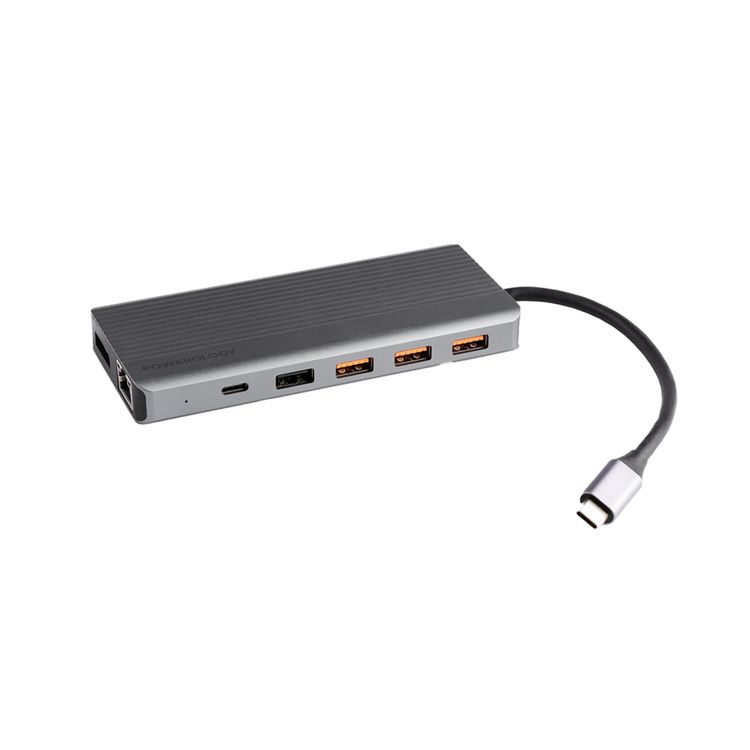 Powerology 13-in-1 USB-C Hub, 4K, HDMI, Type-C, 100W PD, Ethernet, USB SD MicroSD, 3.5 AUX - Gray