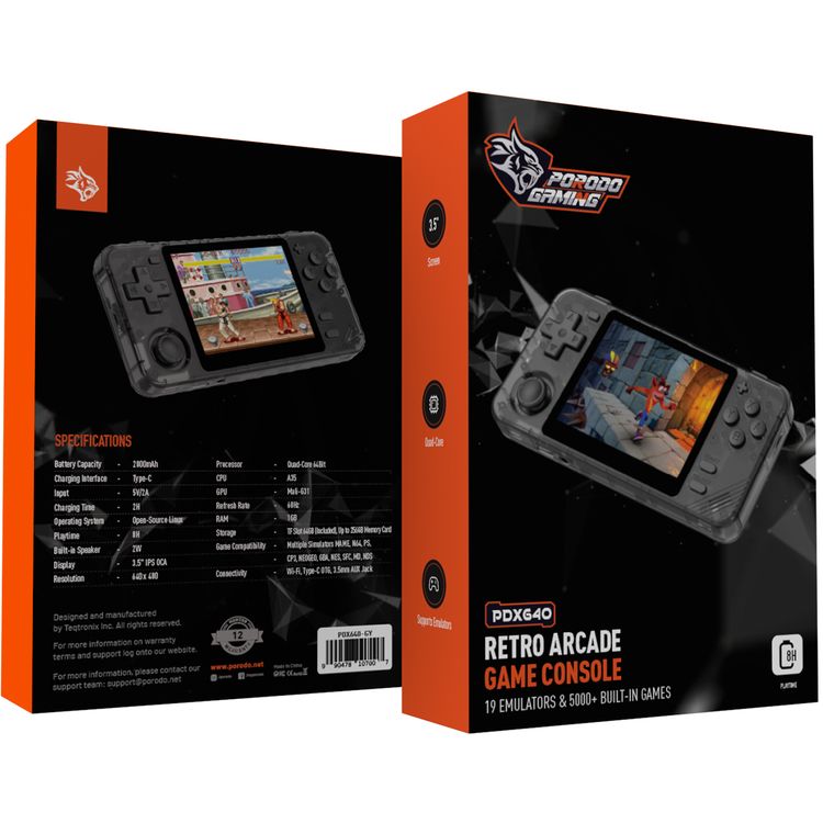Porodo PDX640 Retro Arcade Game Console with 19 Emulators & 5000+ Built-in Games, 3.5" Screen Size, 60Hz Refresh Rate, Up to 8 Hours Playtime, Immersive Sound Play, Ergonomic Design, 2800mAh Battery Capacity - Gray