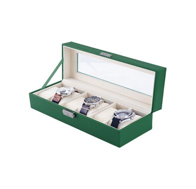 Green Lion Classic Watch Box 6 Slots with Glass, Lightweight & Portable, Elegant Appearance, Metal Push Button, 6 Pillow-lined Spaces - Green